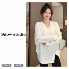 批发秋冬新款百搭加绒磨毛V领长袖<b class='q'>不规则</b>开叉打底衫T恤宽松内搭上衣女