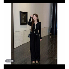 批发宝藏星耀巴黎之夜冬季水钻V领纽扣上衣直筒百搭裤加绒套<b class='q'>装</b>