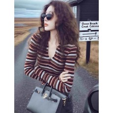 批发撞色<b class='q'>条纹</b>针织打底衫2025秋冬新款小众不撞款上衣