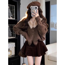 批发小香风气质毛领软糯针织开衫女装百搭巨好看毛衣外套＋半身<b class='q'>裙</b>套装