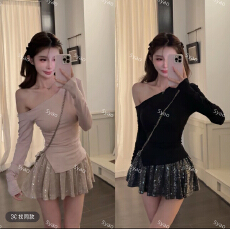 批发思瑶闪光少女弹力斜肩针织上衣搭亮片半<b class='q'>裙</b>