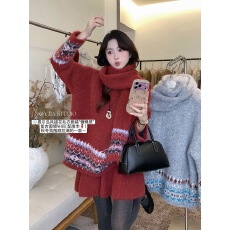 批发2025秋冬新款费尔岛宽松针织上衣+短<b class='q'>裙</b>+围脖三件套装