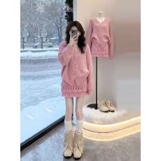 批发慵懒高级感粉色毛衣外套女设计感花边针织开衫上衣半身<b class='q'>裙</b>两件套冬