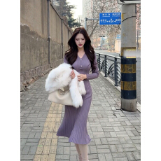 批发丁香情愫 羊毛V领针织鱼尾连衣裙秋<b class='q'>冬</b>圣诞包臀裙