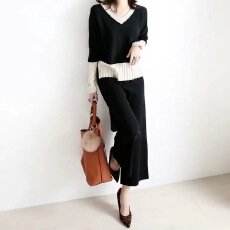 批发时尚洋气<b class='q'>轻熟</b>赫本针织套装女春季显瘦减龄休闲风毛衣阔腿裤两件套