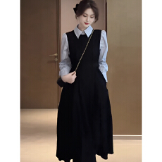 批发法式气质连衣<b class='q'>裙</b>女高级感黑色背带长<b class='q'>裙</b><b class='q'>衬衫</b>假两件