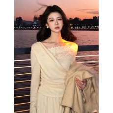 批发法式长袖针织蕾丝拼接上衣女2025新款秋冬气质显瘦垂感半身<b class='q'>裙</b>套装