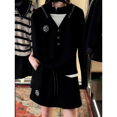 批发一整套2025新款立体花朵假两件长袖上衣半身裙两件套休闲套装