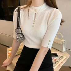 批发春夏搭小西装打底衫<b class='q'>女</b>设计感小众半高领新款针织衫上衣T恤