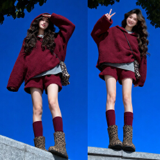 批发圣诞新年v领红色长袖连衣<b class='q'>裙</b>套装女秋冬御姐气质修身巨好看一整套