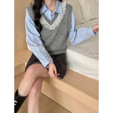 批发新款蕾丝V领宽松针织马甲秋冬短款女装韩系上衣无袖毛衣纯色背心