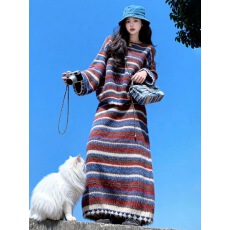 批发巨好看深秋冬装搭配一整套小香风撞色条纹毛衣针织半身<b class='q'>裙</b>两件套装