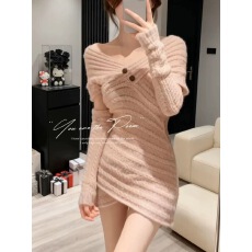 批发纯欲风粉色<b class='q'>一字肩</b><b class='q'>连衣裙</b>女2025冬季新款温柔气质甜美超好看包臀裙