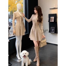 批发小香风超好看少女感V领系带针织连衣<b class='q'>裙</b>秋冬<b class='q'>修身</b>收腰气质毛衣<b class='q'>裙</b>子