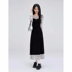 批发2025韩系拼接假两件连衣<b class='q'>裙</b>秋季新款喇叭法式修身气质小众长<b class='q'>裙</b><b class='q'>裙</b>子