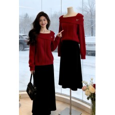 批发2025冬季小个子温柔系穿搭套装女高级感红色针织毛衣半身<b class='q'>裙</b>两件套