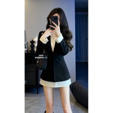 批发春秋高级感拼色假两件收腰显瘦长袖连衣<b class='q'>裙</b>女秋冬新款气质优雅