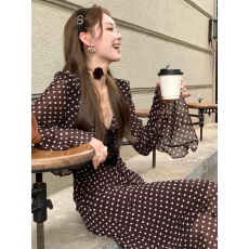 批发巨好看掐腰裙子2026春法式气质高级感大方得体绝美咖色波点<b class='q'>连衣裙</b>