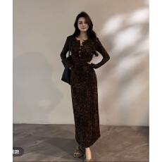 批发秋冬新款复古豹纹半开领长袖收腰连衣裙轻奢<b class='q'>修身</b>显瘦直筒长裙