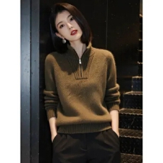 批发2026冬季新款时尚半拉链翻领纯色针织衫毛衣通勤风显瘦长袖上衣潮