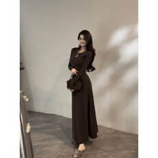 批发秋冬新款镂空领轻奢时尚赫本风名媛连衣裙显瘦长裙