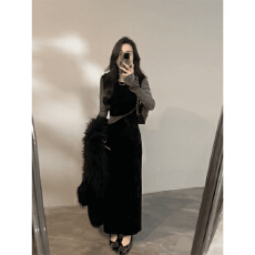 批发时尚显瘦连衣裙拼接撞色复古长裙秋冬新款<b class='q'>修身</b>裙子