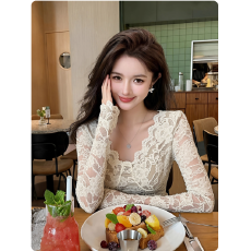 批发秋冬独特法式v领修身长袖上衣纯欲辣妹蕾丝<b class='q'>加绒</b>加厚<b class='q'>打底衫</b>女内搭