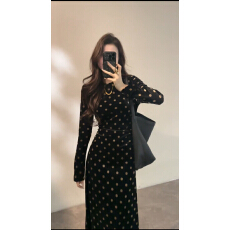 批发<b class='q'>长裙</b>波点加绒黑色显瘦裙子<b class='q'>复古</b>时尚秋冬新款连衣裙