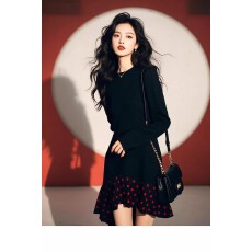 批发春季冷淡系独特别致法式富家千金风miu系黑色拼接<b class='q'>波点</b><b class='q'>连衣裙</b>子女