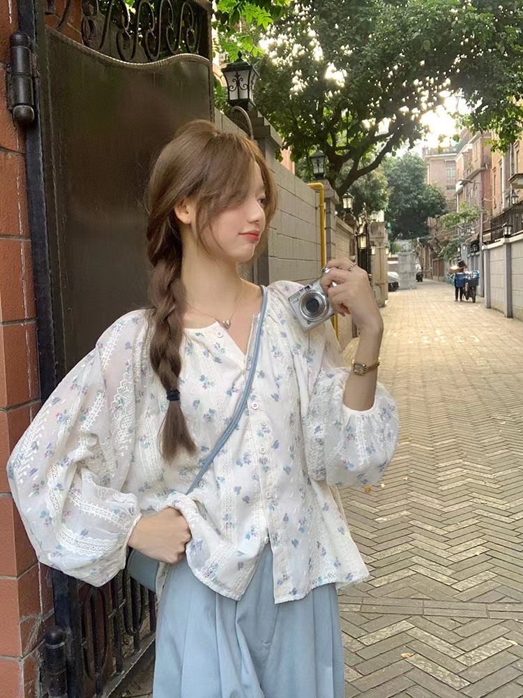 우 77 작은 청신 꽃무늬 긴팔 셔츠 작은 키 루즈핏 슬림해 보이는 라운드 넥 달콤함 소녀 센스 다용도 쉬폰 블라우스