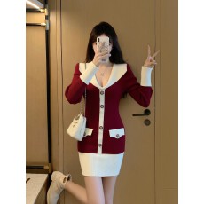 批发法式小香风红色翻领针织连衣<b class='q'>裙子</b>女2026新款早秋名媛气质包臀短裙