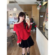 3根绵羊绒 1.4斤 荷叶边一字肩喇叭袖毛衣宽松软糯减龄针织衫上衣