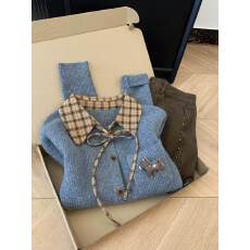 批发甜美气质学院风复古格纹假两件<b class='q'>针织衫</b>拼接秋冬减龄毛衣小个子秋冬