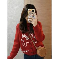 批发2026新年款短款长袖<b class='q'>韩版</b>时尚百搭印花马上有钱花针织开衫拼色上衣