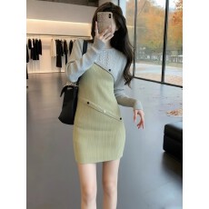 批发法式小香风不规则针织长袖连衣裙秋冬新款修身显瘦内搭毛衣包臀裙