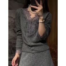批发灰色V领蕾丝装饰长袖针织开衫女2025秋冬新款休闲风性感毛衣外套