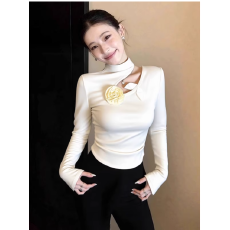 批发法式镂空白色半高领打底衫女内搭立体花朵拼接修身长袖上衣秋冬季