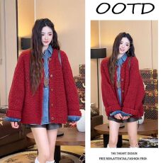 批发圣诞感穿搭红色毛衣<b class='q'>外套女</b>款2025新款冬季加厚保暖慵懒风针织开衫