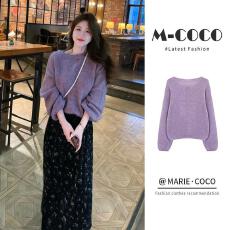 批发韩系温柔慵懒风紫色圆领<b class='q'>毛衣</b>半身裙小个子<b class='q'>宽松</b>显瘦两件套