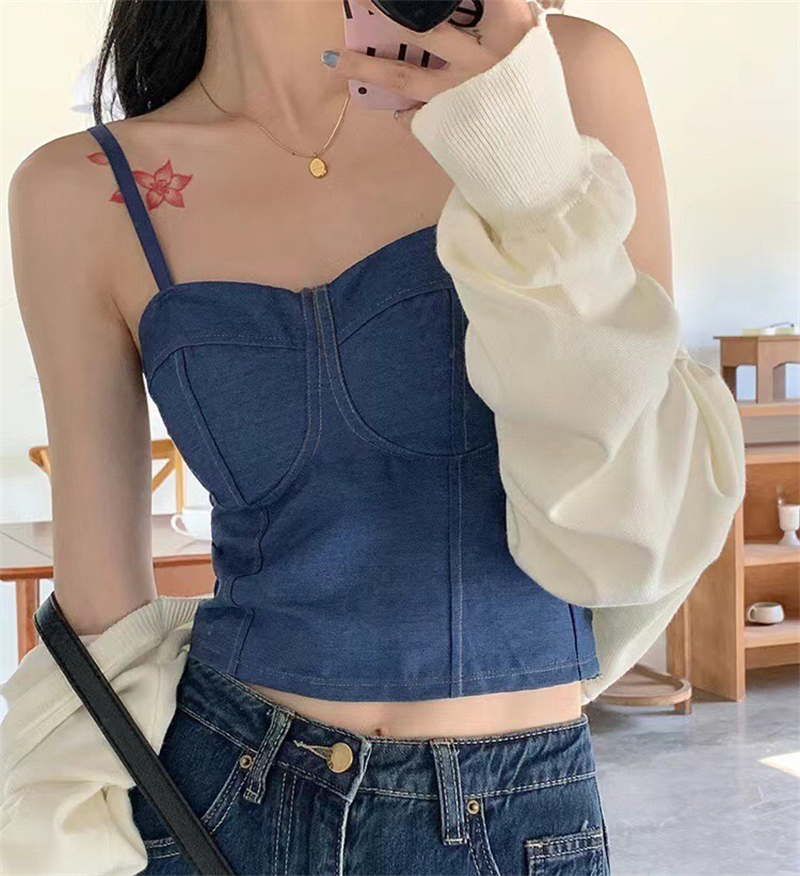 데님 행침 벨트 가슴 패드 조끼 여성 몸매 가꾸기 새로운 섹시함 품격 만나는 포장 가슴 튜브탑 아름다움 뒤로 민소매 맨위