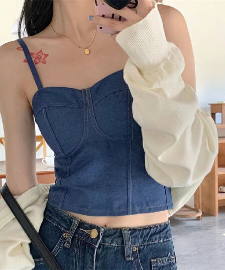 데님 행침 벨트 가슴 패드 조끼 여성 몸매 가꾸기 새로운 섹시함 품격 만나는 포장 가슴 튜브탑 아름다움 뒤로 민소매 맨위