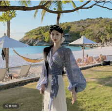 批发蓝色雪纺一片式绑带上衣+<b class='q'>白</b>色蕾丝裤脚花边松紧腰长裤