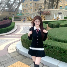 批发韩系甜辣两件套春秋学院风POLO长袖针织衫百褶半身<b class='q'>裙</b>套装