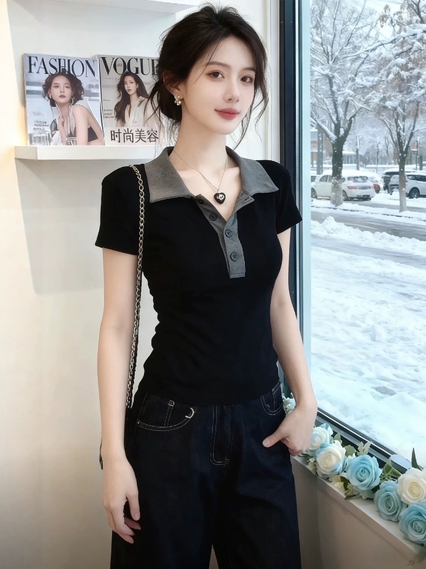 블랙 회색 폴로 칼라 몸매 가꾸기 슬림해 보이는 만나는 니트 반팔 티셔츠 여성 2026 봄 자이언트 잘 생긴 고급 센스 맨위
