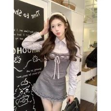 批发麻吉麻吉mochi甜心物语假两件衬衫领长袖上衣冬百搭半<b class='q'>裙</b>套装