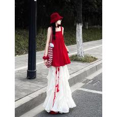 批发韩系红色露背无袖吊带女外穿新款减龄气质绝美鱼骨<b class='q'>上衣</b>加半裙套装