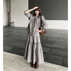 批发小君君布兰妮古早baby/泡泡肌理全棉盐系木耳边格纹衬衫加蛋糕<b class='q'>裙</b>