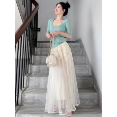 批发2026超火多巴胺ootd穿搭一整套蓝色针织短袖上衣半身<b class='q'>裙</b>子两件套装