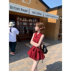 批发迟伞伞25ss 赤色花夜 车厘子红兔耳衬衫领系带花苞连衣<b class='q'>裙</b>