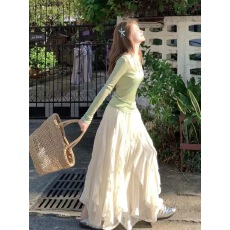 批发仙气飘飘重工裁剪蕾丝不规则半身长<b class='q'>裙</b><b class='q'>配</b>绿色假两件上衣两件套套装